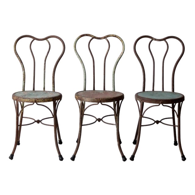 Early 20th Century Art Nouveau Iron Bistro Chairs, Set of 3 For Sale