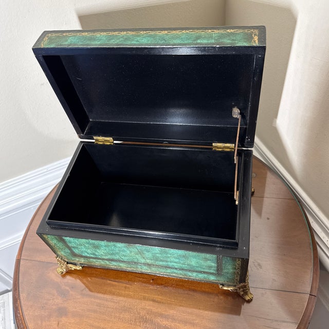 Animal Skin Vintage Italian Style Green Leather Domed Trunk Box Gold Gilt Tooling Claw Feet For Sale - Image 7 of 7