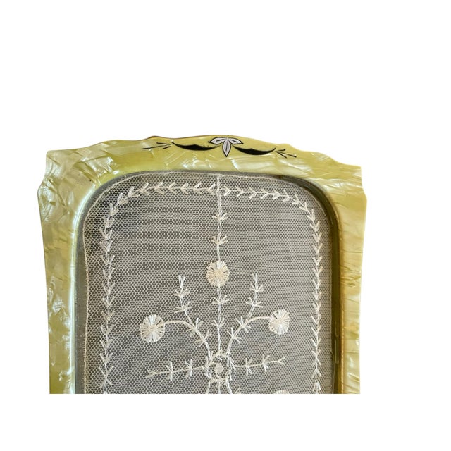Vintage Art Deco Yellow Luster Celluloid Glass Vanity Dresser Tray Lace Inset For Sale - Image 4 of 7