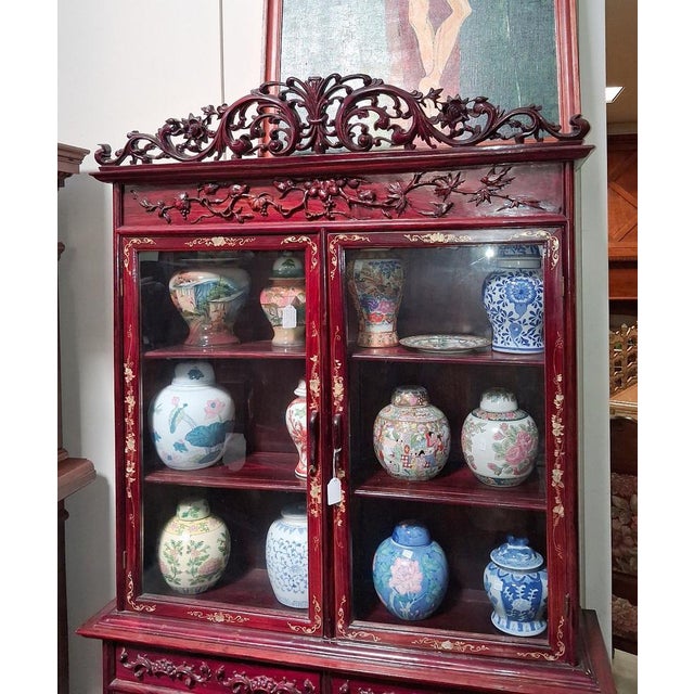 Wood Carved and Gilded Red Lacquered Wood Bookcase, 1890s For Sale - Image 7 of 9