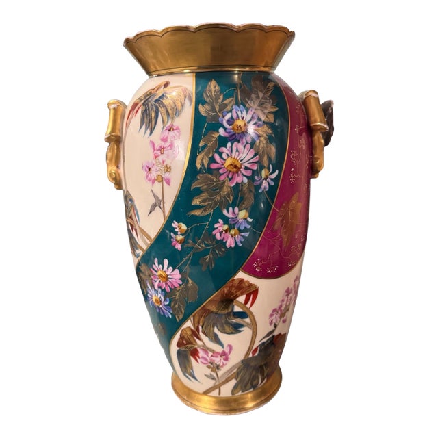 Antique Aesthetic Victorian 15" Hand Painted Porcelain Vase W Portrait Handles For Sale