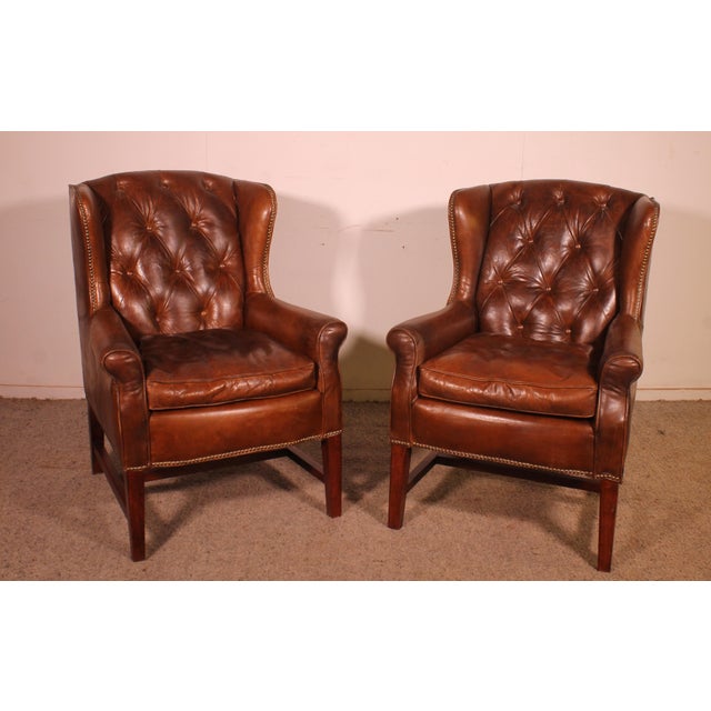Vintage Wingback Chesterfield Chairs in Brown Leather, 1990s, Set of 2 For Sale - Image 11 of 11