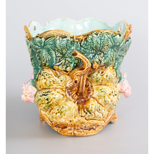 A gorgeous antique French Onnaing majolica pumpkin cachepot / jardiniere / planter, circa 1880. Maker's mark on reverse....