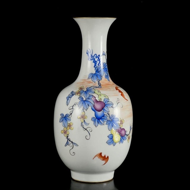 Ceramic Pair of Vintage Famille Rose Porcelain Vases With Gourd and Bat Motif For Sale - Image 7 of 7