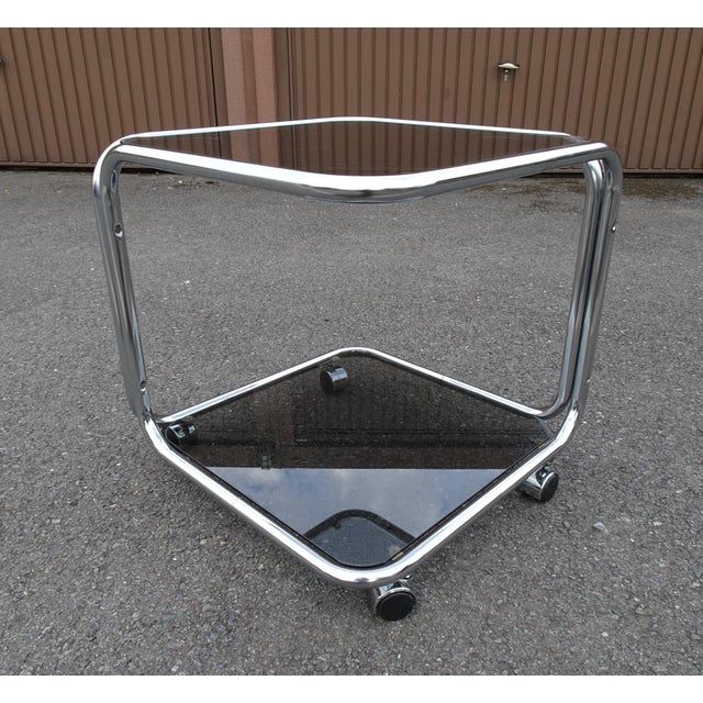 Metal Vintage Italian Chrome and Smoked Glass Rolling Side Table, 1970s For Sale - Image 7 of 15
