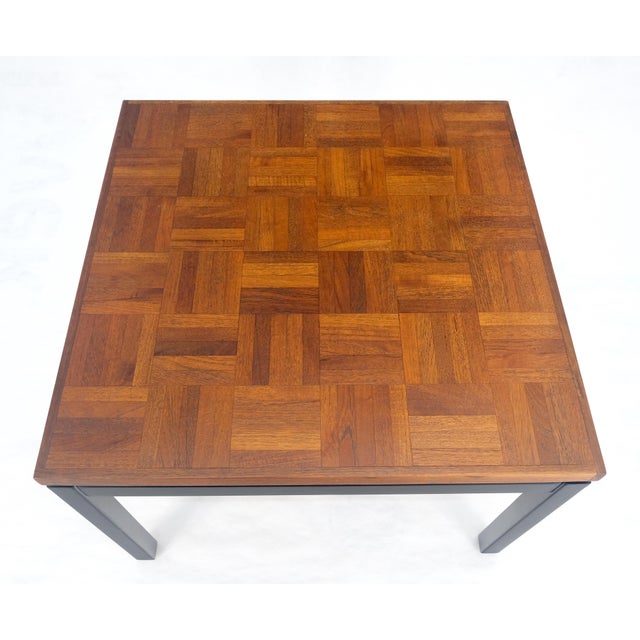 Parquetry Teak Top 28x28" Square Top Black Lacquer Top Side End Table MINT For Sale - Image 6 of 13