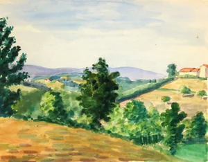 Watercolor Country Landscape, C. 1950