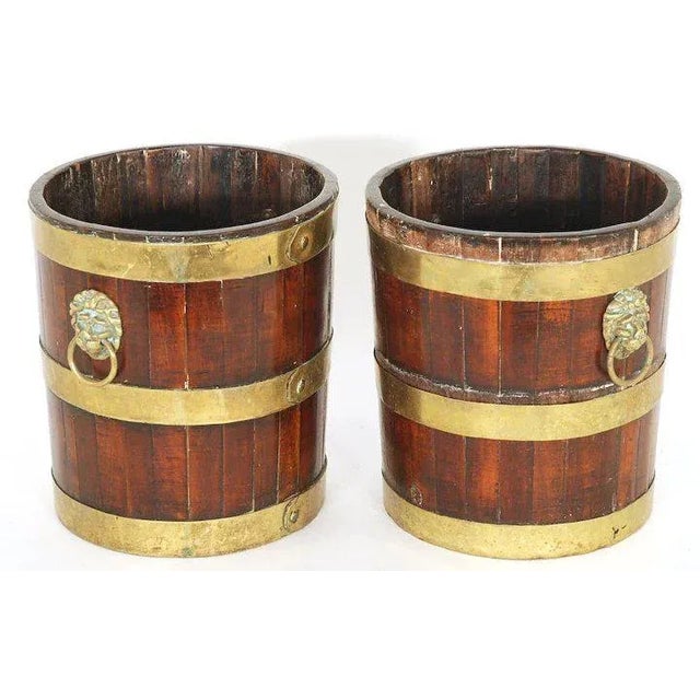 Traditional 1800 Century George III Walnut Brass Bound Ice Bucket Cooler Decanter Caddies or Wine Bottle Coasters - A Pair For Sale - Image 3 of 11