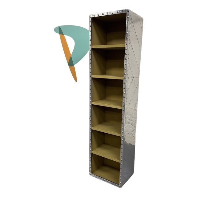 Restoration Hardware Aviator Style Tall Riveted Aluminum Bookcase For Sale