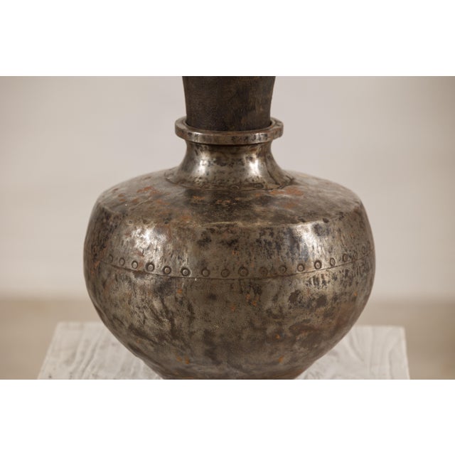 Vintage Indian Hammered Metal Water Vessel with Wooden Stopper For Sale - Image 10 of 13