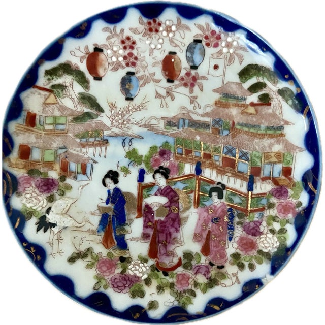Blue 1920's Antique Asian Blue Japanese Chinoiserie Hand Painted Traditional Geisha Girl & Pagoda Plates & Small Bowls - A 23 Piece Set For Sale - Image 8 of 9