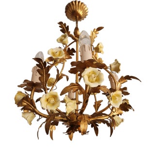 Vintage Gold-Plated and Hand-Forged Florentine Pendant Lamp with Porcelain Roses, 1960s For Sale