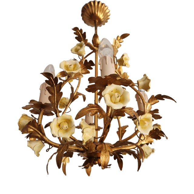 Vintage Gold-Plated and Hand-Forged Florentine Pendant Lamp with Porcelain Roses, 1960s For Sale