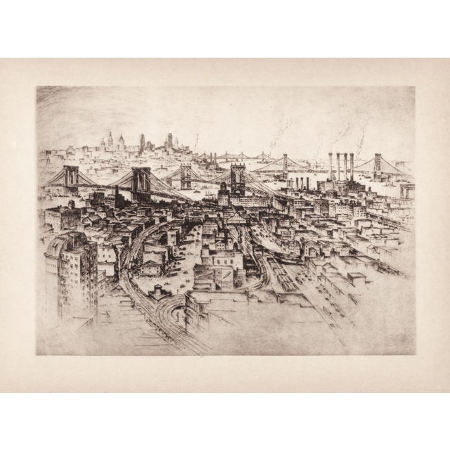 "Four Bridges" (Brooklyn, Manhattan, Williamsburg, 59th Street Bridges) 1939 Etching by Anton Schutz For Sale