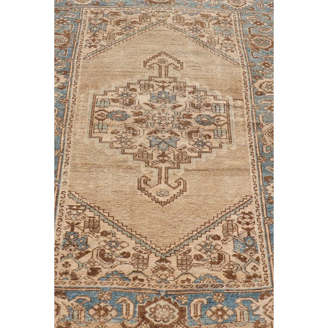 Tribal Antique Persian Hamadan Rug With Medallion Design in Tan, Light Blue & Brown For Sale - Image 3 of 11