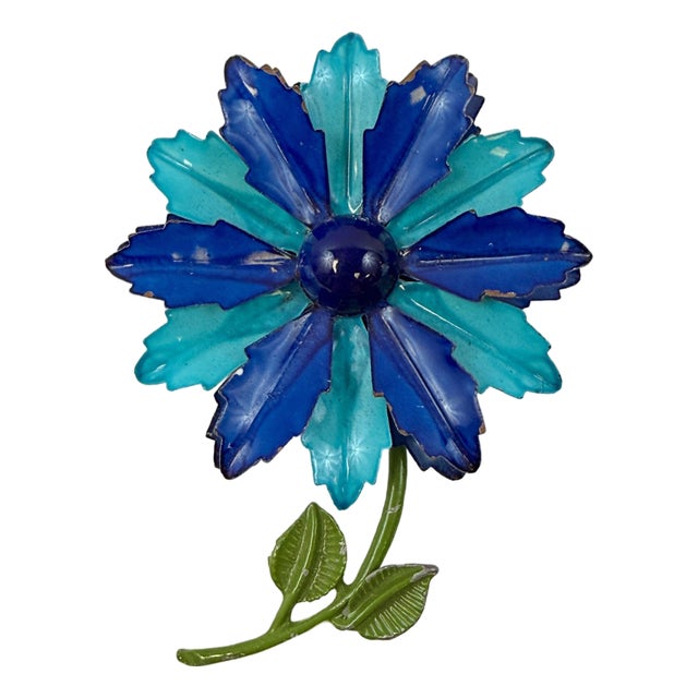 Mod 1960s Enamel Over Metal Blue Flower Brooch Pin Mid-Century For Sale