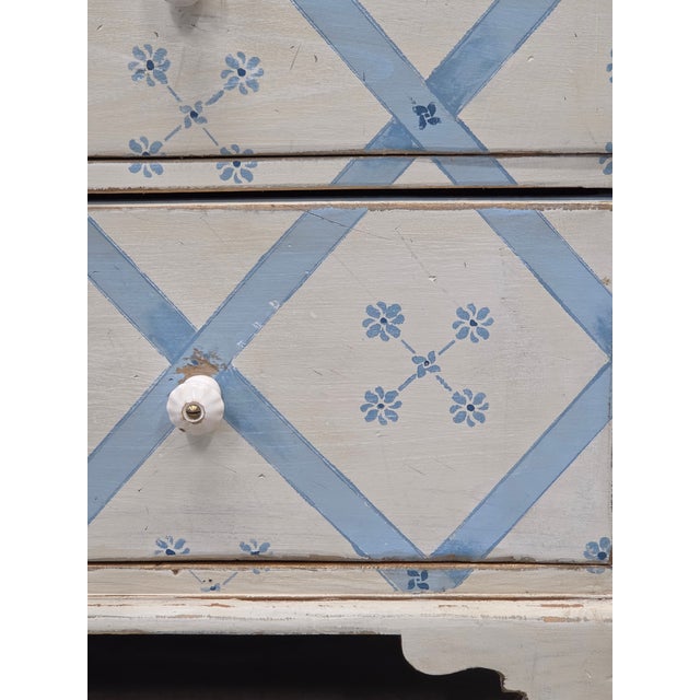 Wood Vintage Rustic English Pine Five Drawer Dresser With Distress Painted and Stenciled Surface For Sale - Image 7 of 15