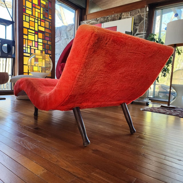 Wood Vintage Mid-Century Modern Wave Chaise Lounge in Orange-Red Plush Upholstery, Adrian Pearsall Style For Sale - Image 7 of 16
