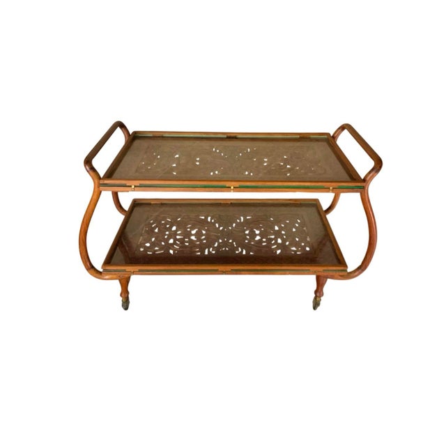 Wood Late 20th Century Tea Cart Hand-Carved Wood Floral Design With Glass Top Vintage Asian Style For Sale - Image 7 of 10