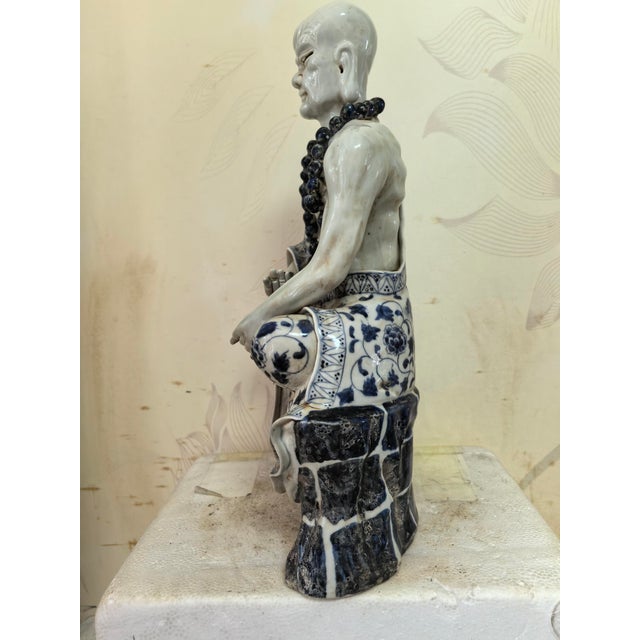 Ceramic Chinese Vintage Ceramic Buddhist Sculpture,Hand Carved Blue and White Porcelain the Eighteen Arhats Statue For Sale - Image 7 of 8