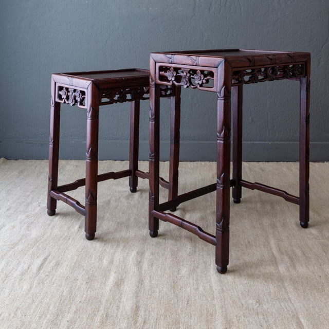 Asian Rosewood Nesting Tables With Carved Bamboo Bird and Flower Fretwork For Sale - Image 15 of 18