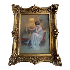 Vintage Oil on Canvas – "Pour L’Absent" – In the Style of Delphin Enjolras – Romantic Lady in Interior – Ornate Gilt Frame