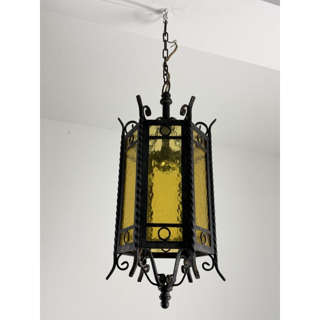 Gothic-Style Wrought Iron Lantern with Yellow Glass, 1960s For Sale - Image 14 of 14