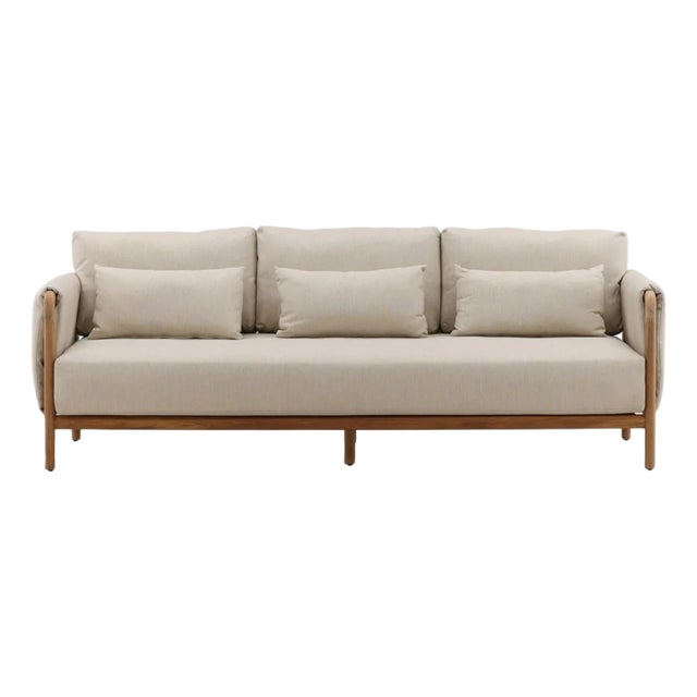 Hermosa Outdoor Teak & Beige Sofa For Sale