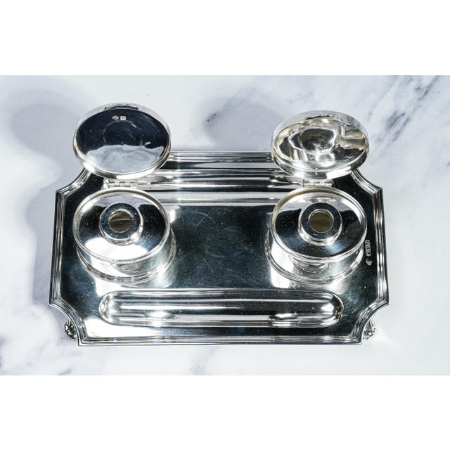 Exceptional Solid Sterling Silver Antique English Desk Double Inkwell Stand Inkstand For Sale - Image 12 of 18