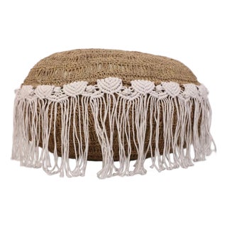 Raffia Macrame Fringed Pouf For Sale