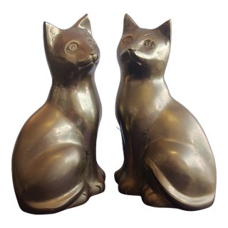 Large 9" Heavy Vintage Solid Brass Sitting Cat Bookends - Pair For Sale