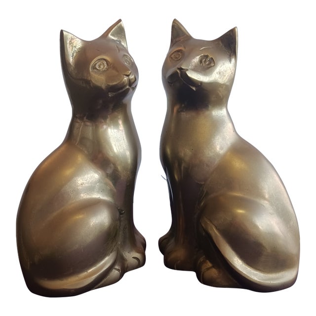 Large 9" Heavy Vintage Solid Brass Sitting Cat Bookends - Pair For Sale