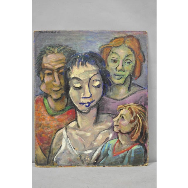 Vintage 1960s Samuel Heller "Family Portrait with Child (B)" Oil on Board Painting Signed. Artist: "NY listed artist...