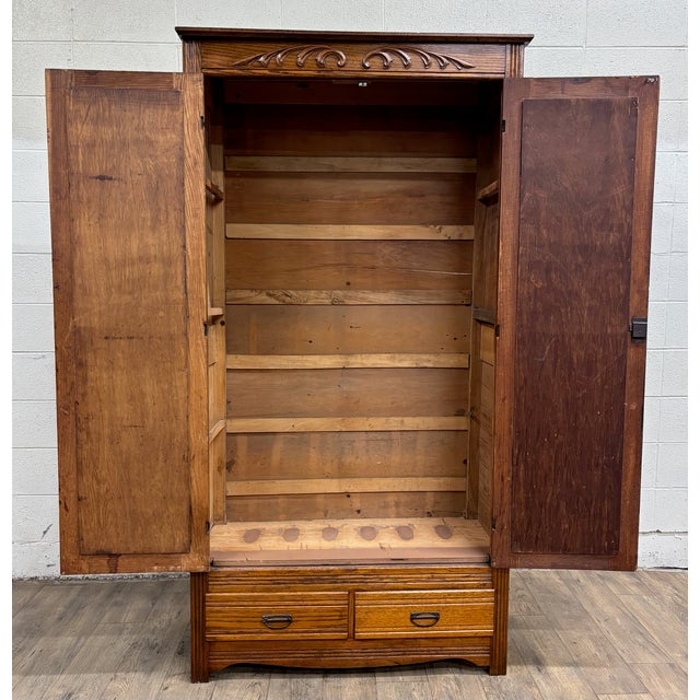 Antique Tiger Oak Carved Victorian Armoire Wardrobe Closet For Sale In Kansas City - Image 6 of 12