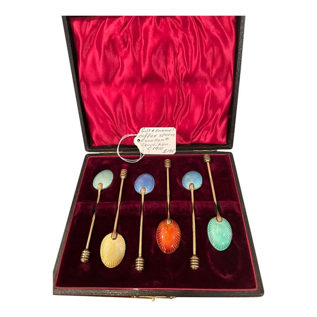 Antique English Art Deco Espresso Demitasse Tea Spoons of Gilt & Enamel For Sale
