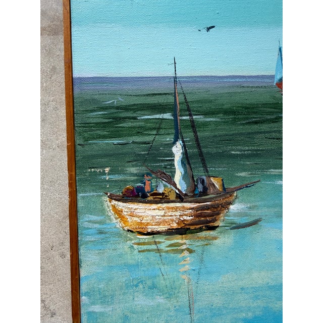 1977 Vintage Coastal Seascape Oil on Canvas Painting – Signed, Illegible For Sale - Image 11 of 12