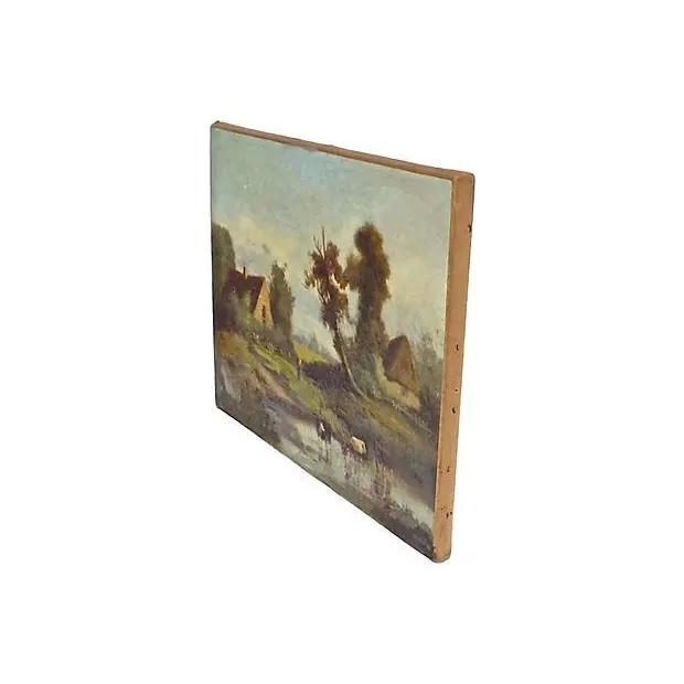 Antique; 19th century, English, farm and cow scene, oil painting, unframed. Depicts a farm in the countryside with cows in...