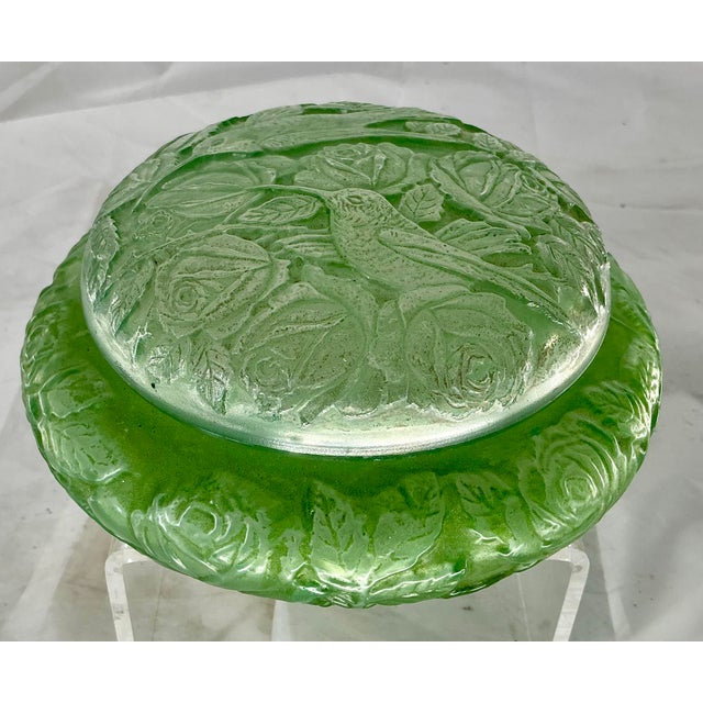 Pretty green wash glass dresser powder box decorated with hummingbirds and roses. Made in 1920-30s by Consolidated Lamp...