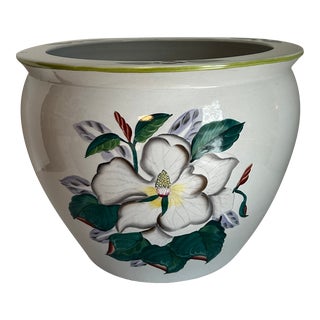 Large Vintage Fish Bowl Style Planter With Magnolia Design For Sale