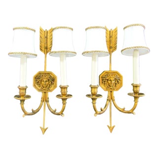 Pair French Empire Wall Sconces Bronze Arrow Medusa and Shades Late 19th Century For Sale