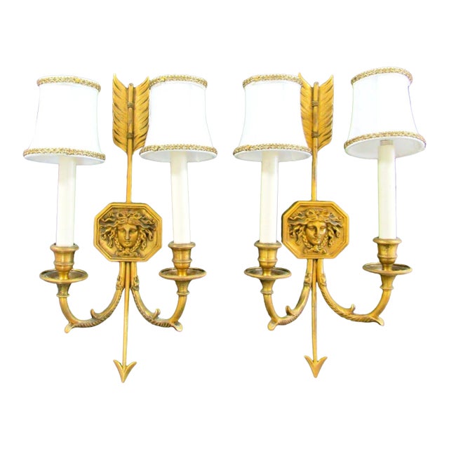 Pair French Empire Wall Sconces Bronze Arrow Medusa and Shades Late 19th Century For Sale