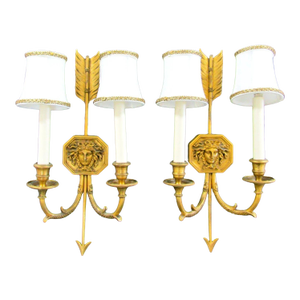 Pair French Empire Wall Sconces Bronze Arrow Medusa and Shades Late 19th Century