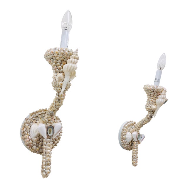 Pair Vintage Handmade Seashell Wall Sconces For Sale