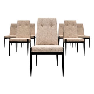 Cimo, Brazil — Set of 8 Mid-Century Dining Chairs in Ebonized Hardwood With Warm Ivory Bouclé, 1950s For Sale