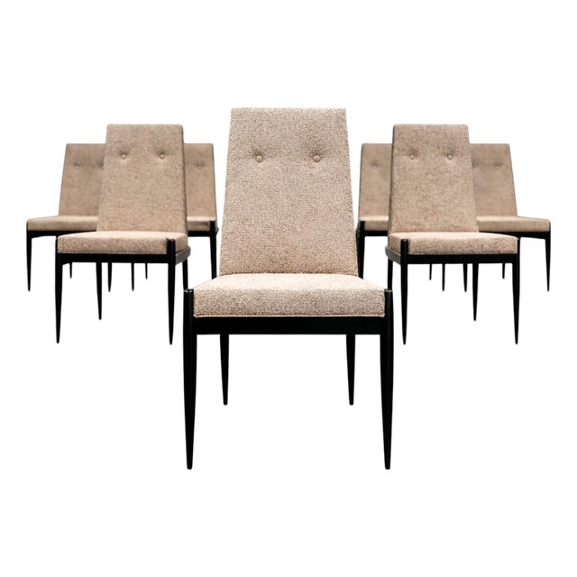 Cimo, Brazil — Set of 8 Mid-Century Dining Chairs in Ebonized Hardwood With Warm Ivory Bouclé, 1950s For Sale