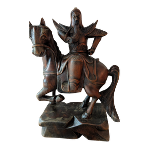 Mid 20th Century Wooden Guan Yu on Horseback – Hand-Carved Warrior Sculpture – 12" Tall Asian Guardian of Virtue