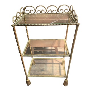 Hollywood Regency Italian Rope Twist & Tassel Gold Metal & Glass Vanity Shelves For Sale