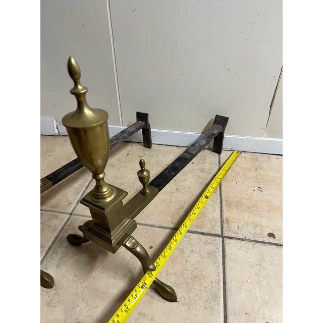 Queen Anne Vintage Pair of Victorian Queen Anne Style Polished Brass Andirons For Sale - Image 3 of 12