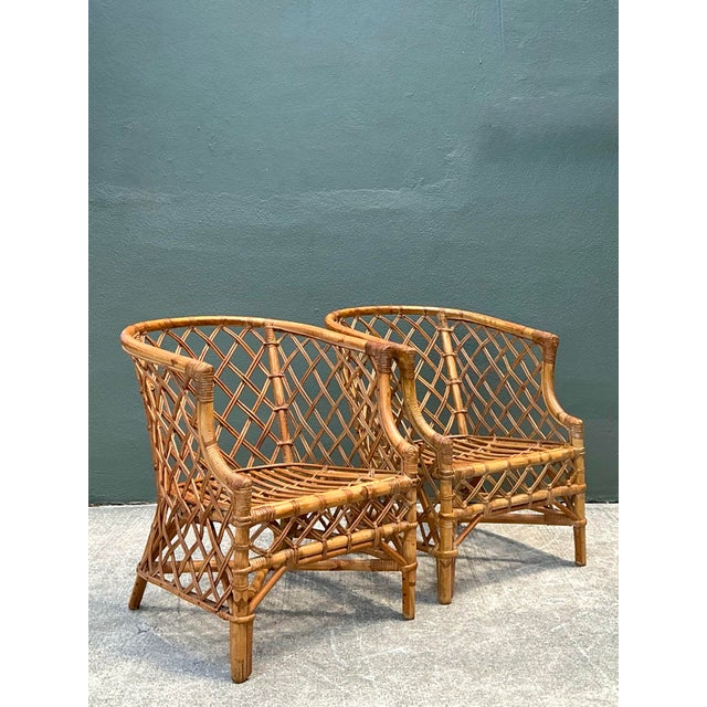 Chocolate Vintage Trellis Rattan Lounge Chairs - A Pair For Sale - Image 8 of 12