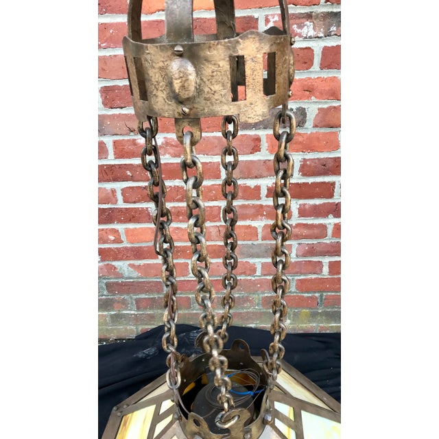 Arts & Crafts 1910 Arts and Crafts Slag Glass Octagonal Chandelier in Hammered Iron For Sale - Image 3 of 13